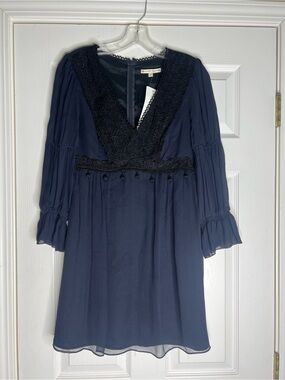 Nanette Lepore Navy V-Neck Mini Dress with Black Lace Trim
